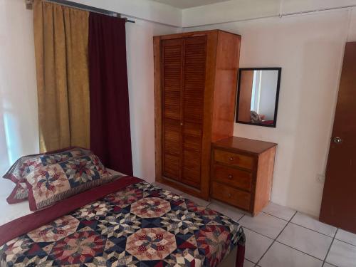 a bedroom with a bed and a dresser and a mirror at Hillside Haven in Cochrane