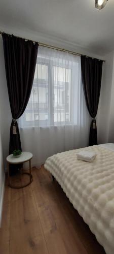 a bedroom with a bed and a table and a window at SIA Thermal Felix - Calm & Comfort near Apollo Thermal Bath in Baile Felix