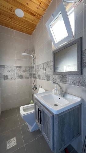 a bathroom with a sink and a toilet and a window at Bab al-qalaa farm & chalets مزرعة وشاليهات باب القلعه in Ajloun