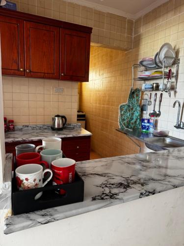 a kitchen with a counter with cups on it at Marseilia Resort in Al Ḩammām