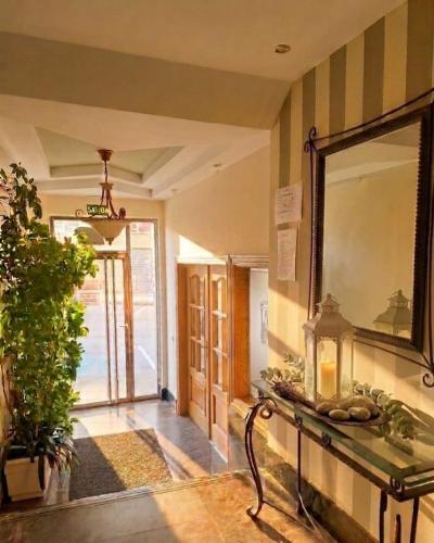 a hallway with a mirror and a table with a plant at Hostal Dobe in Benavides