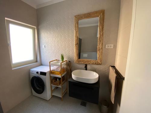 a bathroom with a sink and a mirror at Apartmany Vir DaRa in Vir