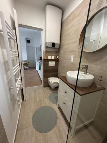 a bathroom with a sink and a toilet and a mirror at Vendégház Alsóörs in Alsóörs