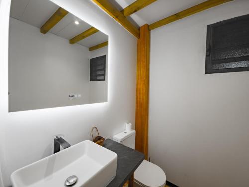 a bathroom with a white sink and a toilet at L'écrin d'Amaroa in Fort-de-France