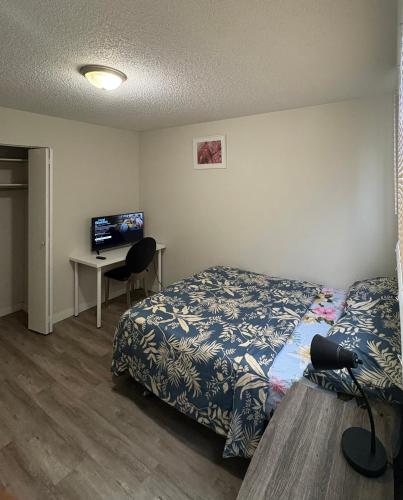a bedroom with a bed and a desk with a television at Ron's Place in Saskatoon