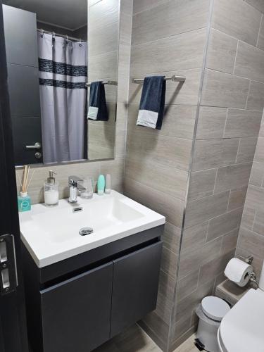 a bathroom with a sink and a toilet and a mirror at Depto con Piscina Temperada 2D y 2B in Puerto Varas