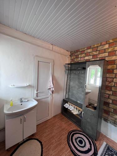 a bathroom with a sink and a fish tank at Satina Jenish in Syn-Tash