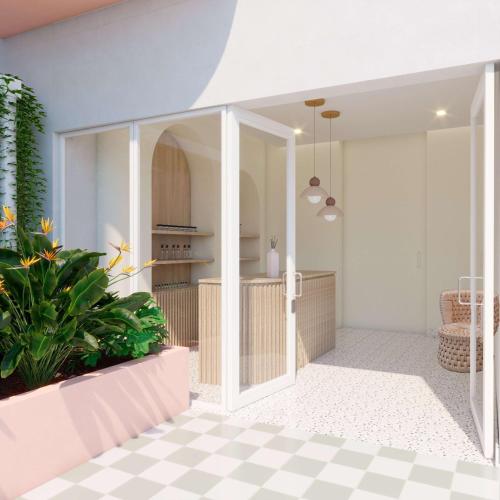 a kitchen with white walls and a checkered floor at Perla La Paz, Tapestry Collection By Hilton in La Paz