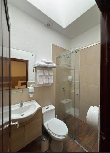 a bathroom with a toilet and a sink and a shower at Casona Tobar Hotel in Quito