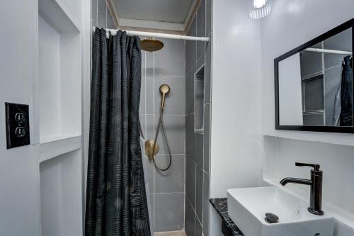 a bathroom with a shower curtain and a sink at Centralized Modern Home in Johnson City in Johnson City