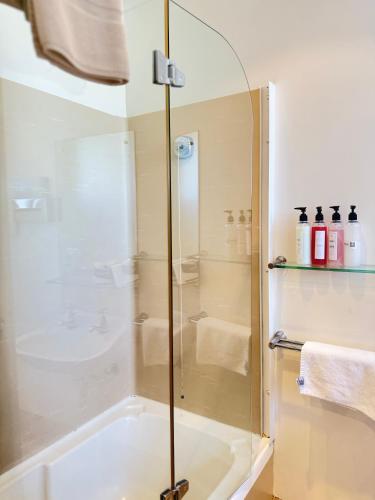 a shower with a glass door in a bathroom at city unit at gouger st in Adelaide