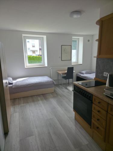 a kitchen and living room with a bed and a table at My Pension City Großaitingen - Augsburg in Großaitingen
