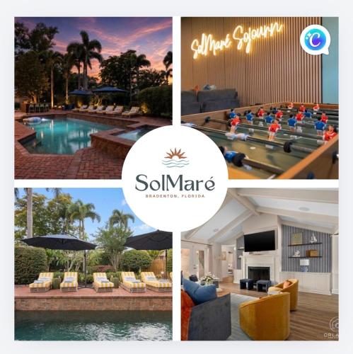 a collage of photos of a hotel with a pool at SolMaré - 5BR, Pool, Spa, Mini-Golf, Outdoor Kitchen, Fire Pit, Game Room in Bradenton