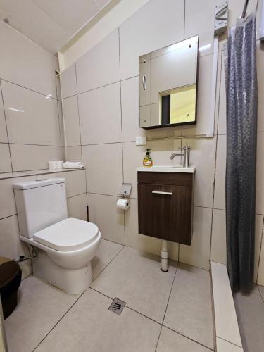 a bathroom with a toilet and a sink and a mirror at Aurora Mirage Apartments in Nadi
