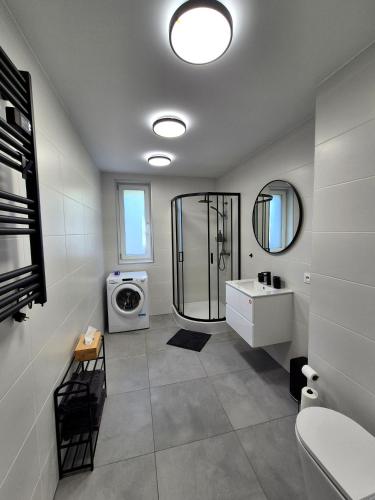 a bathroom with a shower and a washing machine at Villa Rico - Kalno in Kalno