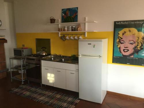グラヴェドーナにあるCasa Cameliaのキッチン(白い冷蔵庫、コンロ付)