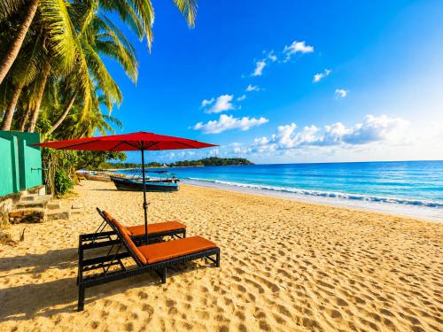 a beach with a chair and an umbrella and the ocean at Dutch Bay Villa - Trincomalee in Trincomalee