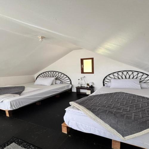 two beds in a room with white walls at Cabin Athenea Sikapuk in Kejajar