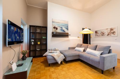 a living room with a couch and a tv at Apartma Drapšinova - Celje in Celje
