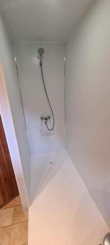 a white wall with a shower in a room at Le Chalet d’Eliot in Chevigny