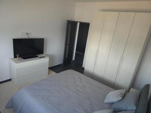 a bedroom with a bed and a flat screen tv at Marcus Residence Apartment in Satu Mare