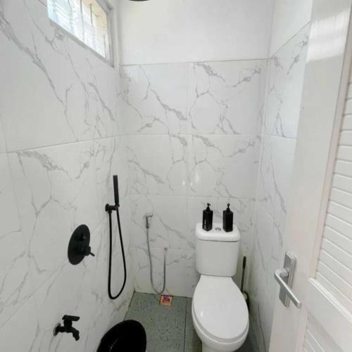 a white bathroom with a toilet and a shower at Cabin Athenea Sikapuk in Kejajar