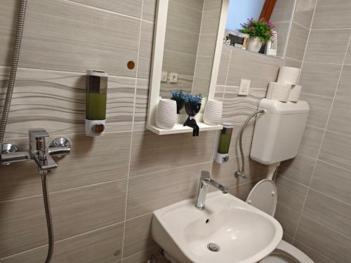 a bathroom with a toilet and a sink and a mirror at Apartmani Kaja, Vantačići, Otok Krk, A1 in Vantačići