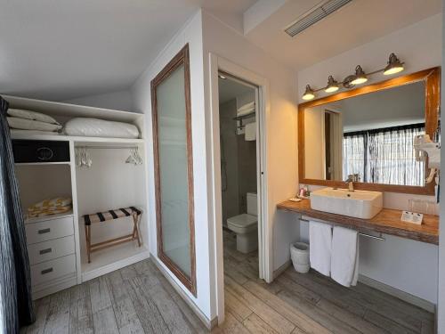 a bathroom with a sink and a mirror at Hotel Plaza Cavana in Nerja