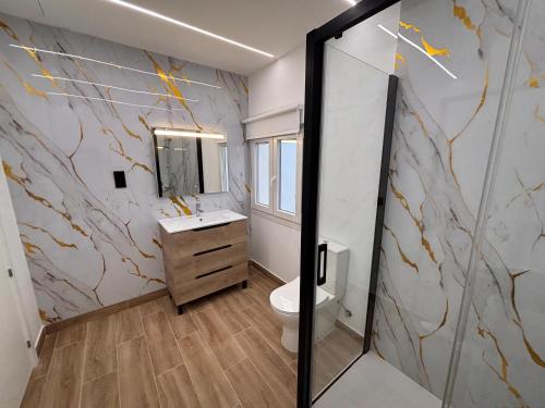a bathroom with a toilet and a sink and a mirror at Apartamentos Cañada Sierra 23 in Talavera de la Reina