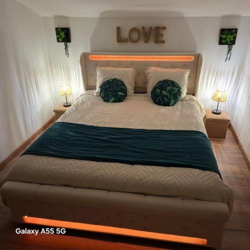 a bedroom with a large bed with two pillows at Suite Canopée & Spa in Albi