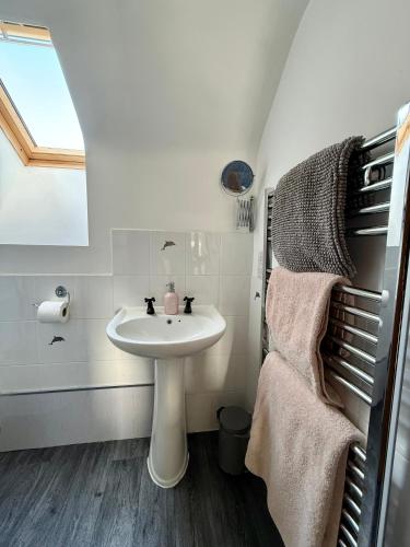 a white bathroom with a sink and a window at Millers Cottage in Llandysul