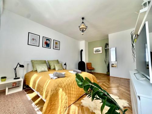 a bedroom with a bed and a television in it at Casa Viola in Balatonfüred