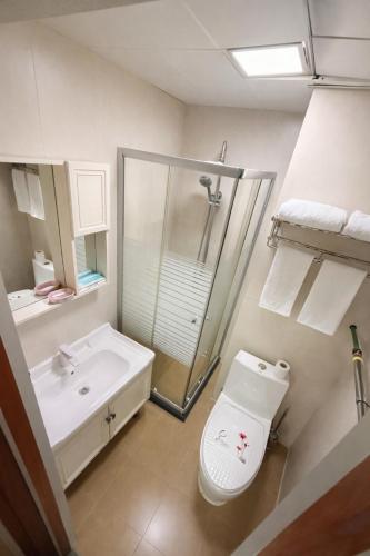 a bathroom with a toilet and a shower and a sink at Sats hotel in Ulaanbaatar