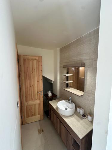 a bathroom with a sink and a mirror at Riverside Jahliye, Chouf in Al Jāhilīyah