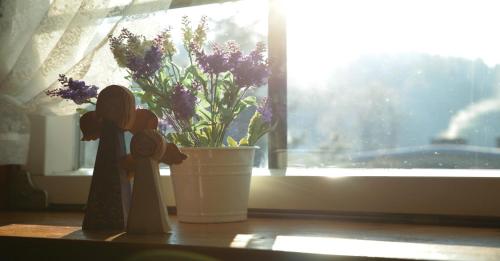 a window sill with a potted plant and two figurines on a table at Willa pod Jemiołą in Wisła