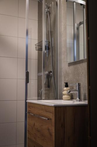 a bathroom with a sink and a shower at Tiny's Herberg in Woerden