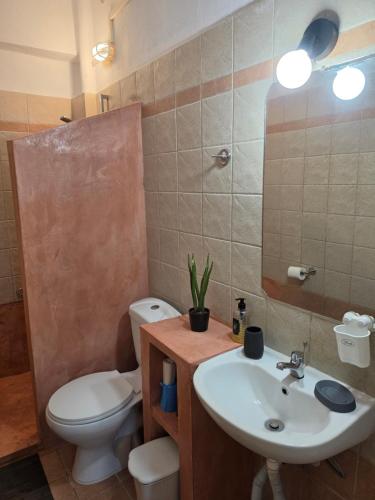 a bathroom with a sink and a toilet and a mirror at Ippokratis 1 in Larisa