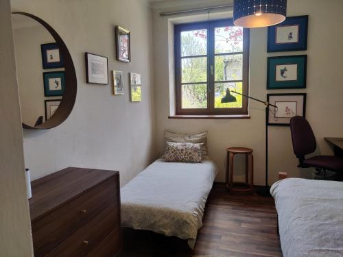 a room with a bed and a mirror and a window at Hidden Gem Villa & Gated Parking in Český Krumlov