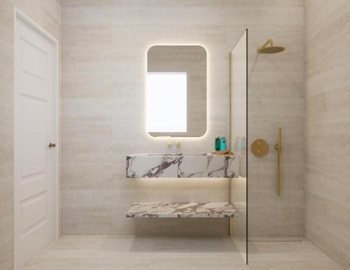 a bathroom with a shower with a bench and a mirror at The Character in Athens