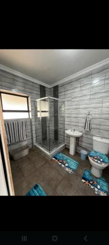 a bathroom with a shower and a toilet and a sink at Nightingale Guesthouse Randfontein in Randfontein