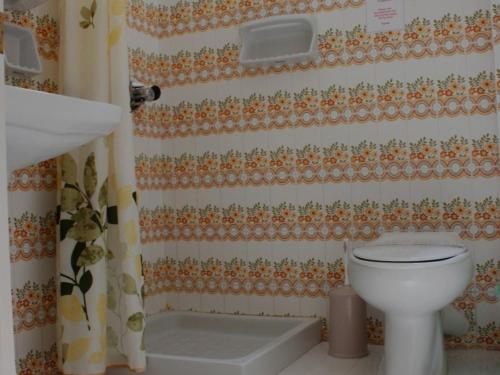 a bathroom with a toilet and a shower curtain at Hermes in Agia Marina Aegina