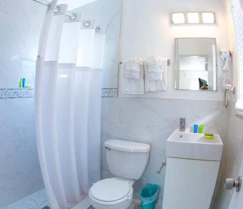 a white bathroom with a toilet and a sink at St. Pete Beach Suites in St Pete Beach