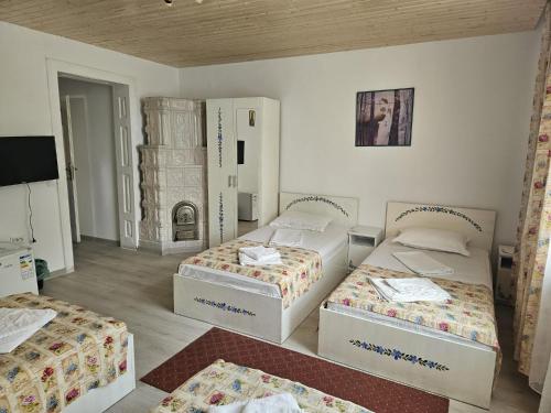 a room with three beds and a tv in it at Pensiunea Geostar 2 in Curtea de Argeş