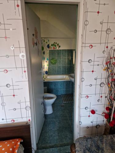 a bathroom with a toilet and a bath tub at Apartament Maia in Turda