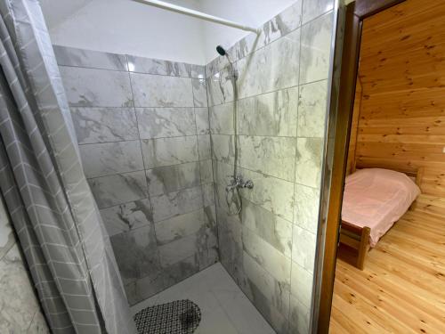 a bathroom with a shower with a glass door at Nature Guesthouse Vuthaj in Vusanje