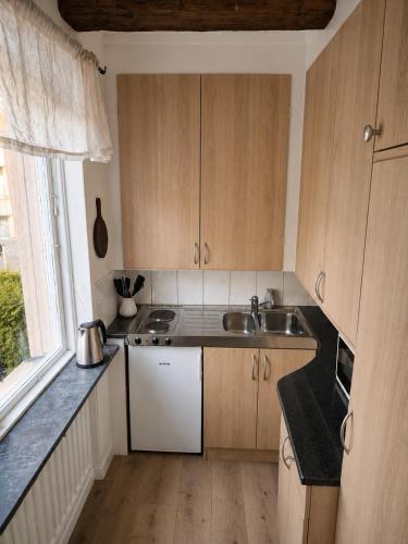 a kitchen with wooden cabinets and a sink and a window at Mysig lägenhet i centrum in Västerås