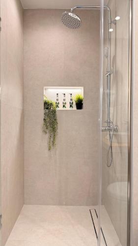 a bathroom with a shower with plants on a wall at Romantic Palace Beach Apartments in Agios Gordios