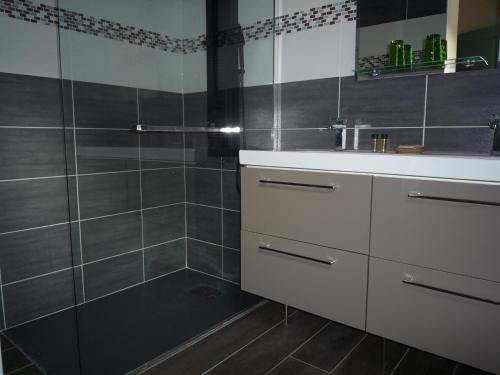 a bathroom with a sink and a shower at Maison du Pech in Carlux