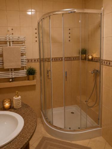 a bathroom with a shower and a sink at Adria in Bieruń Nowy