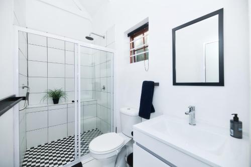 a white bathroom with a toilet and a shower at Owlet Cottage in Arniston in Arniston